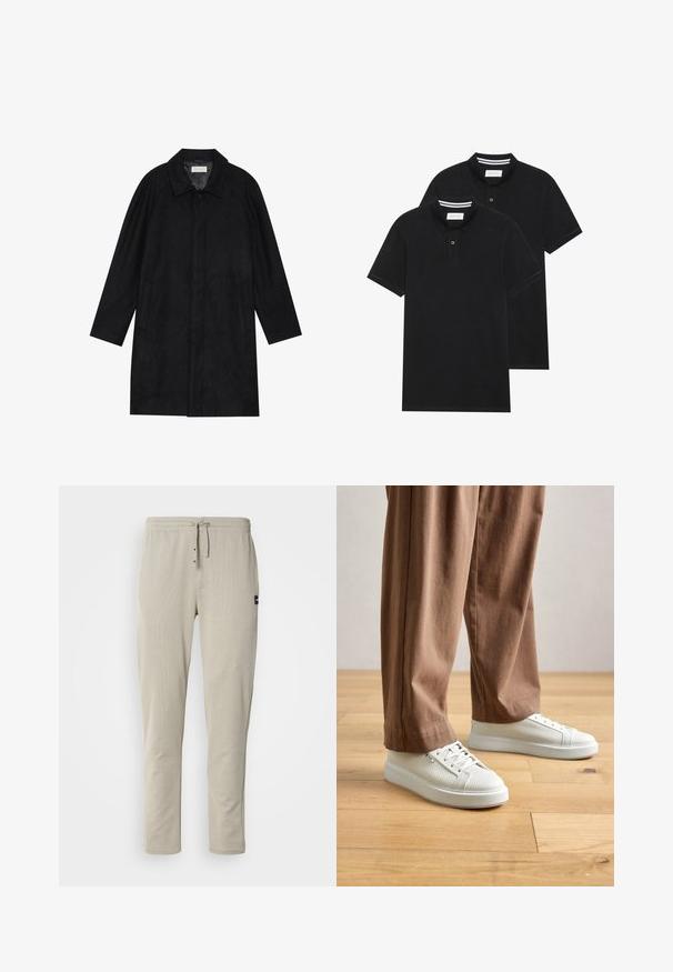 Svart frakk laget av myk, teksturert stoff. Har krage, raglanermer, sidelommer og forsterket knappelukking foran.; To svarte polo skjorter, kortermet, i bomullsmateriale, med krage i klassisk stil, to-knapps knappestolpe, og hvite striper inni kragen.; Beige joggebukser laget av myk stoff, med elastisk midje, snøring og to frontlommer. Minimalistisk design med sidesøm.; Person som har på seg hvite teksturerte lave sneakers og løse brune bukser, stående på lyst tregulv.