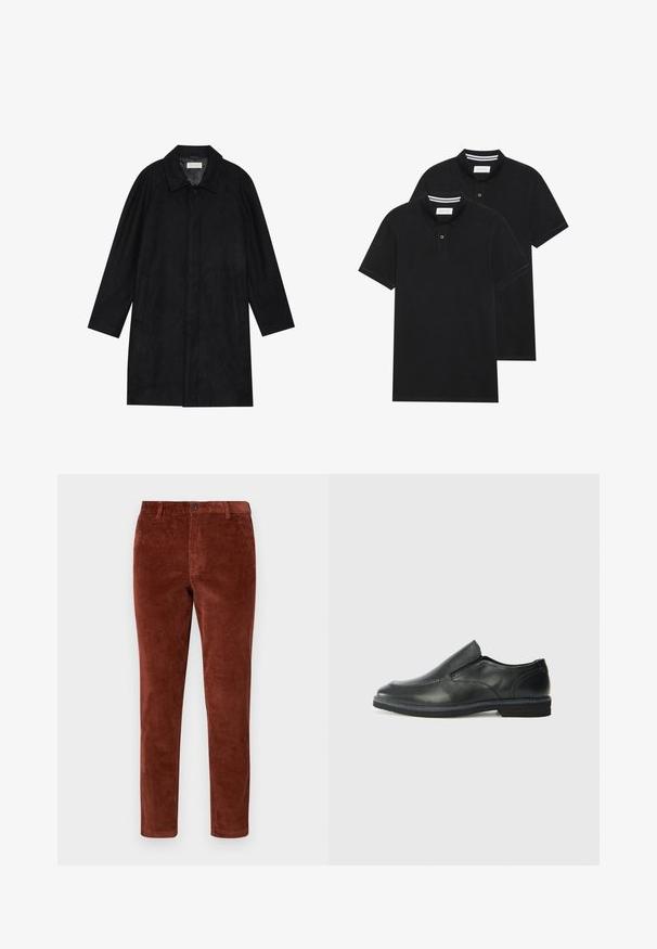Fekete kabát puha, texturált anyagból készült. Gallérral, raglán ujjal, oldalsó zsebekkel és elülső gombos záródással rendelkezik.; Két fekete pólóing, rövid ujjú, pamut anyagból készült, klasszikus gallérral, két gombos gombolással, és fehér csíkos díszítéssel a gallér belső részén.; Rozsdabarna kordbársony nadrág egyenes szabással, három gombbal záródik és teljes felületén texturált bordás mintázattal rendelkezik.; Fekete bőr, slip-on cipő sima felsőrésszel, varrott díszítéssel, lekerekített orral és alacsony gumitalppal. A talpa minimális bordázattal rendelkezik.
