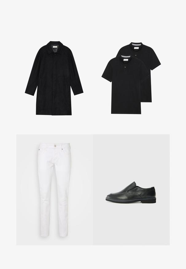 Juodas paltas, pagamintas iš minkštos, tekstūruotos medžiagos. Su apykakle, raglan rankovėmis, šoninėmis kišenėmis ir priekinėmis mygtukų uždarymo detalėmis.; Du žaidimų juodos polo marškiniai, trumpomis rankovėmis, pagaminti iš medvilnės, su klasikinėmis apykaklėmis, dviem mygtukais priekyje ir baltais dryžiais apykaklės viduje.; Balti džinsai su lieknu siluetu, turintys klasikinį penkių kišenių dizainą, mygtukų užsegimą ir subtilius siuvinėjimo akcentus.; Juodai odiniai įtvirtinimo batai su lygiu paviršiumi, siuvinėjimo akcentais, apvalia nosimi ir žemu guminiu kulnu. Pado raštas minimalus.