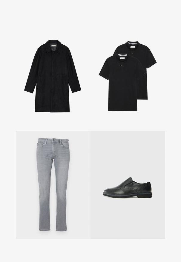 Abrigo negro hecho de un tejido suave y texturizado. Presenta un cuello, mangas raglán, bolsillos laterales y un cierre frontal con botones.; Dos camisetas polo negras, de manga corta, de material de algodón, que presentan un cuello clásico, una tapeta de dos botones y acentos de rayas blancas en el interior del cuello.; Jeans de mezclilla gris con corte recto, que cuentan con un cierre frontal de botón y cremallera, cinco bolsillos y un ligero desgaste en toda la prenda.; Zapato negro de cuero sin cordones con un upper suave, detalles de costura, punta redonda y un bajo tacón de goma. La suela presenta una tracción mínima.