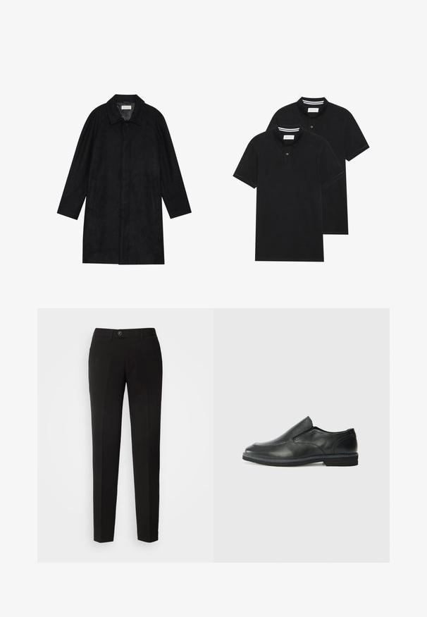 Svart frakk laget av myk, teksturert stoff. Har krage, raglanermer, sidelommer og forsterket knappelukking foran.; To svarte polo skjorter, kortermet, i bomullsmateriale, med krage i klassisk stil, to-knapps knappestolpe, og hvite striper inni kragen.; Sorte straight-leg bukser laget av glatt stoff, med knappelukking og side lommer med et klassisk design.; Sorte skinn slip-on sko med en jevn overflate, stikking detaljer, rund tå og en lav gummihæl. Sålen har minimal mønstring.