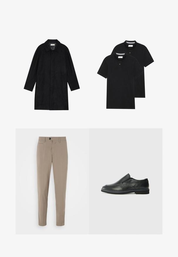 Casaco preto feito de um tecido macio e texturado. Apresenta um colarinho, mangas raglan, bolsos laterais e um fecho frontal com botões.; Duas camisetas polo pretas, de manga curta, em material de algodão, com colarinho clássico, abertura com dois botões e detalhes em riscas brancas no interior do colarinho.; Calças bege de corte ajustado, com fecho de correr e um bolso frontal. Feitas de um tecido suave com uma aparência nítida.; Sapato slip-on preto em pele com um upper liso, acabamentos cosidos, bico arredondado e um salto de borracha baixo. A sola apresenta um padrão de aderência mínimo.