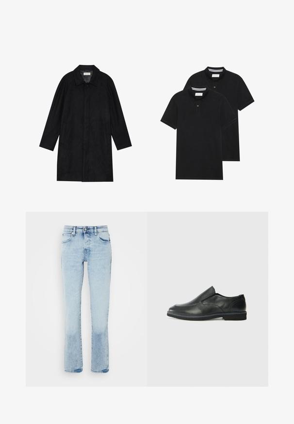 Geacă neagră dintr-un material moale și texturat. Dispune de un guler, mâneci raglan, buzunare laterale și închidere cu nasture în față.; Două tricouri polo negre, cu mânecă scurtă, din material de bumbac, având un guler clasic, deschidere cu două butoane și accente albe cu dungi în interiorul gulerului.; Jeans din denim de un albastru deschis, cu un design drept, cinci buzunare, ușoare urme de uzură și o textură ușor decolorată la tiv.; Pantof de piele neagră, tip slip-on, cu un superior neted, accente cusute, vârf rotunjit și un toc jos din cauciuc. Talpa are un profil minim de aderență.