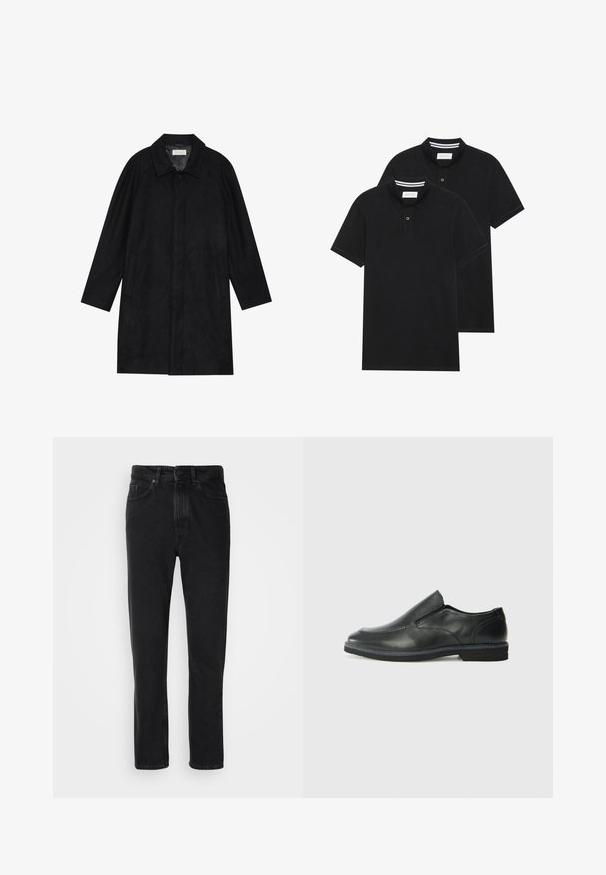 Casaco preto feito de um tecido macio e texturado. Apresenta um colarinho, mangas raglan, bolsos laterais e um fecho frontal com botões.; Duas camisetas polo pretas, de manga curta, em material de algodão, com colarinho clássico, abertura com dois botões e detalhes em riscas brancas no interior do colarinho.; Calças de ganga pretas com um design de perna reta, apresentando um fecho de botão e zíper, bolsos frontais e uma textura subtil.; Sapato slip-on preto em pele com um upper liso, acabamentos cosidos, bico arredondado e um salto de borracha baixo. A sola apresenta um padrão de aderência mínimo.