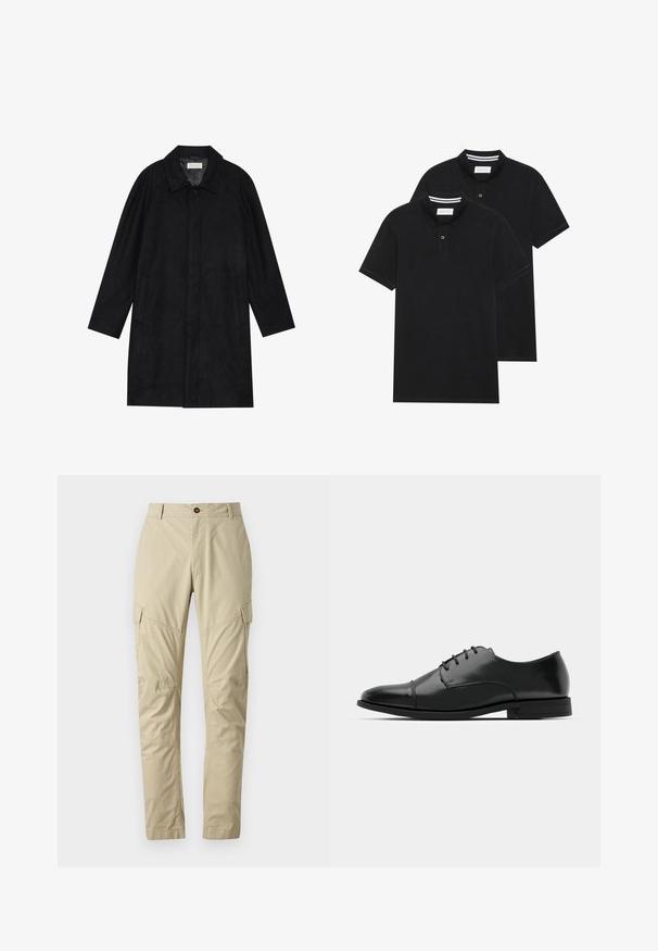 Must mustritud pehme kangast must mantel. Omab kraed, raglanvarrukaid, külgkotte ja ees nuppe.; Kaks musta polo särki, lühikeste varrukatega, puuvillane materjal, klassikalise kraega, kahe nupuga kinnitusega, valgete triipudega krae sisepinnal.; Beige sääret, mis on valmistatud kergest kangast, sisaldavad mitmeid taskuid, nuppe sulgemiseks ja kitsenevat säärejoont. Sile tekstuur.; Must must esine tugeva varbaga, luku kinnitusega, peente õmblustete detailidega ja madala kontsaga. Sile tekstuur ja poleeritud viimistlus.