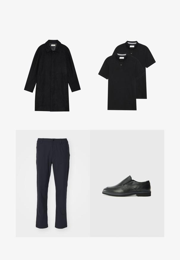 Melnā jaka, izgatavota no mīksta, teksturēta auduma. Ar apkakli, raglāna piedurknēm, sānu kabatām un priekšējo pogu aizdari.; Divas melnas polo krekli, īsām piedurknēm, no kokvilnas materiāla, ar klasisku apkakli, divu pogu aizdari un balti svītroti akcenti apkakles iekšpusē.; Jūras zilas, taisnas kājas bikses, izgatavotas no gludas auduma. Aprīkotas ar priekšējo pogu, jostas cilpām un sānu kabatām. Vienkāršs dizains bez rakstiem.; Melnas ādas slip-on kurpes ar gludu augšdaļu, izšūtām akcentiem, noapaļotu purngala daļu un zemu gumijas papēdi. Zole ar minimālu rakstu.