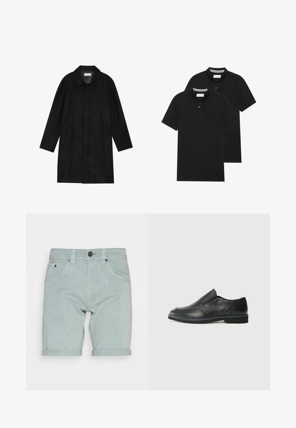 Črn plašč, izdelan iz mehkega, strukturiranega blaga. Ima ovratnik, raglan rokave, stranske žepe in sprednje zapiranje na gumbe.; Dve črne polo majice, kratke rokave, iz bombažnega materiala, z klasik ovratnikom, dvobodno zaponko in belimi črtkami znotraj ovratnika.; Svijetloplave traper šorts hlače s preklopljenim rubom, s prednjim džepovima i jednim crnim gumbom za zatvaranje u struku. Glatka tekstura.; Črne usnjene natikače z gladkim zgornjim delom, prišitimi detajli, zaobljenim nosom in nizkim gumijastim petkom. Podplat ima minimalen profil.