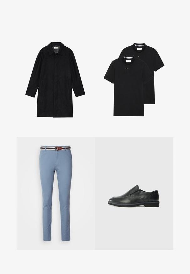 Melnā jaka, izgatavota no mīksta, teksturēta auduma. Ar apkakli, raglāna piedurknēm, sānu kabatām un priekšējo pogu aizdari.; Divas melnas polo krekli, īsām piedurknēm, no kokvilnas materiāla, ar klasisku apkakli, divu pogu aizdari un balti svītroti akcenti apkakles iekšpusē.; Gai zili bikses ar šaura piegriezuma, ar brūnu ādas jostu, kurai ir balti un tumši zili svītriņas. Gluda auduma tekstūra, klasiskā dizaina.; Melnas ādas slip-on kurpes ar gludu augšdaļu, izšūtām akcentiem, noapaļotu purngala daļu un zemu gumijas papēdi. Zole ar minimālu rakstu.