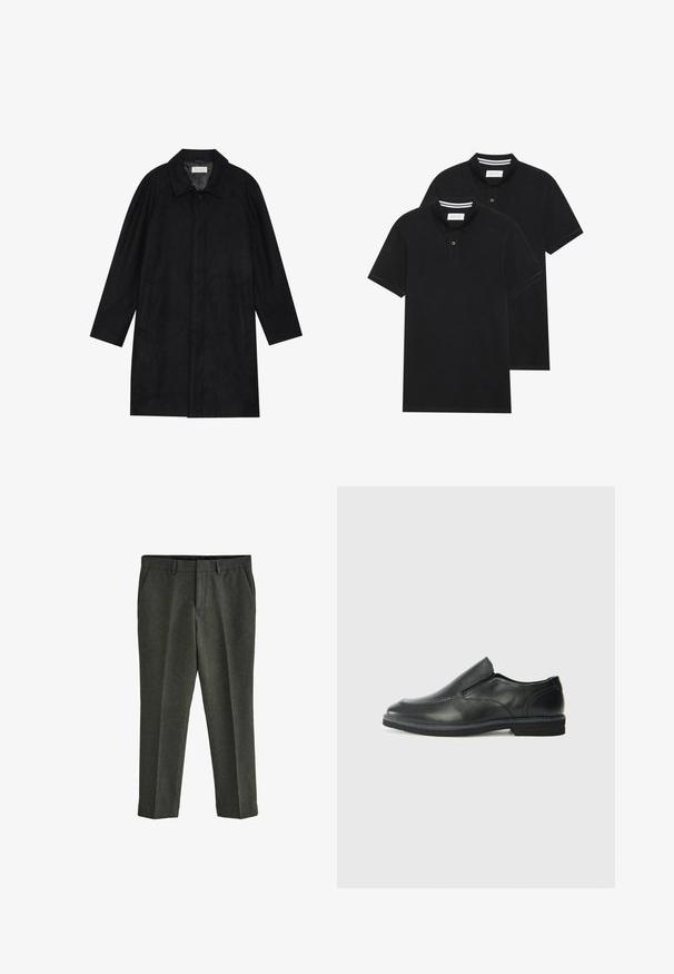 Manteau noir en tissu doux et texturé. Présente un col, des manches raglan, des poches latérales et une fermeture à boutons sur le devant.; Deux polos noirs, à manches courtes, en coton, avec un col classique, une patte de boutonnage à deux boutons, et des accents rayés blancs à l'intérieur du col.; Next REGULAR FIT DONEGAL - Chino - green; Chaussure slip-on en cuir noir avec une tige lisse, des accents cousus, un bout arrondi et un petit talon en caoutchouc. La semelle présente un profil de traction minimal.