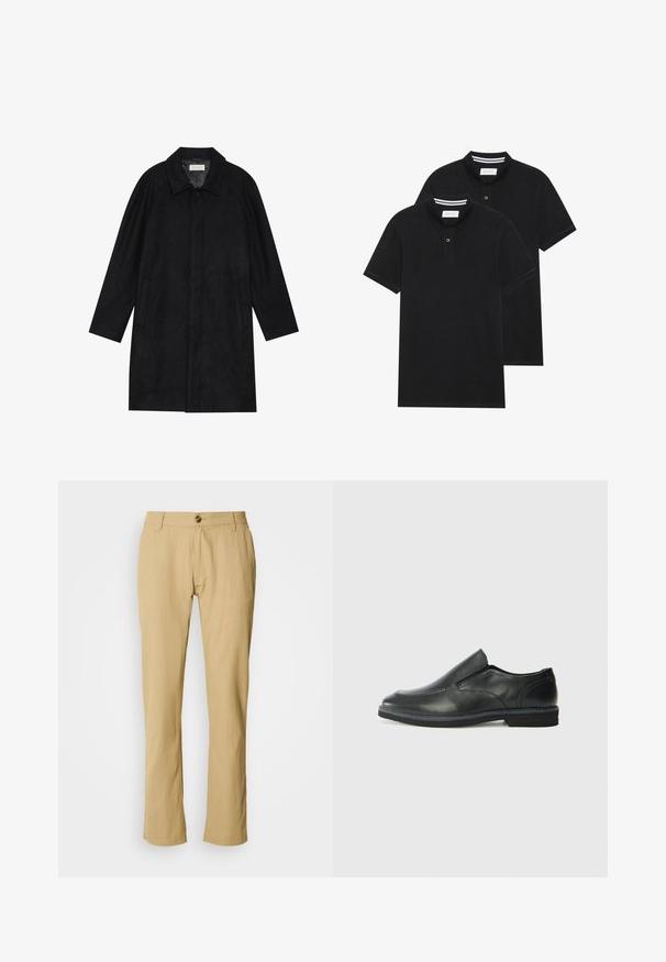 Abrigo negro hecho de un tejido suave y texturizado. Presenta un cuello, mangas raglán, bolsillos laterales y un cierre frontal con botones.; Dos camisetas polo negras, de manga corta, de material de algodón, que presentan un cuello clásico, una tapeta de dos botones y acentos de rayas blancas en el interior del cuello.; Pantalones beige con corte recto, cierre de botón y sutil textura en la tela. Sin patrones ni herrajes adicionales visibles.; Zapato negro de cuero sin cordones con un upper suave, detalles de costura, punta redonda y un bajo tacón de goma. La suela presenta una tracción mínima.