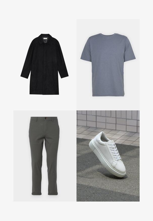 Melnā jaka, izgatavota no mīksta, teksturēta auduma. Ar apkakli, raglāna piedurknēm, sānu kabatām un priekšējo pogu aizdari.; Pelēks īsām piedurknēm T-krekls ar apaļu kakla izgriezumu, izgatavots no mīkstas kokvilnas maisījuma auduma. Vienkāršs dizains, bez rakstiem vai akcentiem.; Pelēkas bikses ar taisna piegriezuma dizainu, izgatavotas no viegla materiāla, ar rullētu apdari un vienu priekšējo pogu aizdari.; Baltas ādas sporta apavi ar gludu virsmu, apaļu pirkstu un plakanām baltām šņorēm. Iezīmējas ar strukturētu gumijas zoli un minimālisma dizaina elementiem.