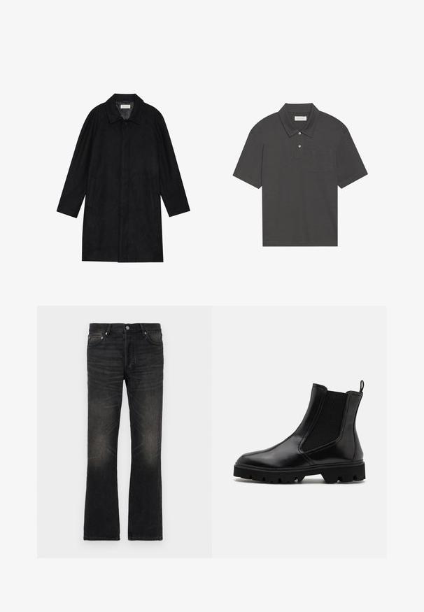 Melnā jaka, izgatavota no mīksta, teksturēta auduma. Ar apkakli, raglāna piedurknēm, sānu kabatām un priekšējo pogu aizdari.; Tumši pelēks polo krekls ar tradicionālo apkakli, trīs pogu aizdari, īsām piedurknēm un kreisajā krūtī esošu kabatu. Gluda auduma tekstūra.; Melna denima platiem džinsi ar izbalējušu apdari, piecām kabatām un sudraba detaļām. Iezīmē klasisku jostasvietu un viegli teksturētu audumu.; Melni Čelzi zābaki ar glancētu ādas apdari, elastīgām sānu paneļiem, vilkšanas cilpu un masīvu gumijas zoli ar protektoru rakstu.