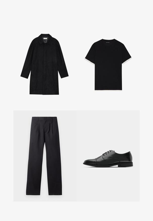 Črn plašč, izdelan iz mehkega, strukturiranega blaga. Ima ovratnik, raglan rokave, stranske žepe in sprednje zapiranje na gumbe.; Črna majica s kratkimi rokavi iz teksturiranega blaga, z belimi poudarki na manšetah. Okrogli izrez, sproščen kroj.; Črne široke hlače iz gladkega blaga. Imajo sprednje pregibe, zapiranje na gumb in dva stranska žepa.; Črne usnjene moške čevlje z zaobljenim nosom, s sistemom vezalk, diskretnimi šivi in nizkih petah. Gladka tekstura s sijočim zaključkom.
