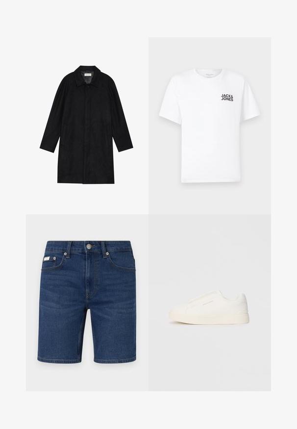 Juodas paltas, pagamintas iš minkštos, tekstūruotos medžiagos. Su apykakle, raglan rankovėmis, šoninėmis kišenėmis ir priekinėmis mygtukų uždarymo detalėmis.; Balta medvilnės marškinėliai su trumpomis rankovėmis ir apvalia kaklo iškirpte. Kairėje krūtinės pusėje yra juodas tekstas "JACK & JONES". Paprastas, vientisas dizainas.; Tamsiai mėlyni džinsiniai šortai su klasikiniu penkių kišenių dizainu, metaline sagos uždarymo sistema ir tiesiu apdaila. Matoma minimalistinė prekės ženklo detalė.; Baltos slip-on sportbačiai su tekstūruota paviršiumi, storesniu padu ir minimalistišku dizainu. Šone matosi prekės ženklo logotipas.