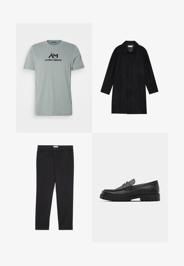 Must mustritud pehme kangast must mantel. Omab kraed, raglanvarrukaid, külgkotte ja ees nuppe.; Hele hallist puuvillane T-särk lühikeste varrukatega ja ümmarguse kaelusega. Esiküljel on must "ANTONY MORATO" logo stiliseeritud tähtedega.; Mustad puuvillased püksid kitsas lõikes, millel on kaks külgtaskut ja ees klõpsuga kinnitamine. Tekstuuriga kangas, millel on peened detailid.; Mustad musta nahast loafers, millel on ümar varvas, tikandiga disain, madal platvorm-soon ja tekstureeritud, soonikkummist välistald.