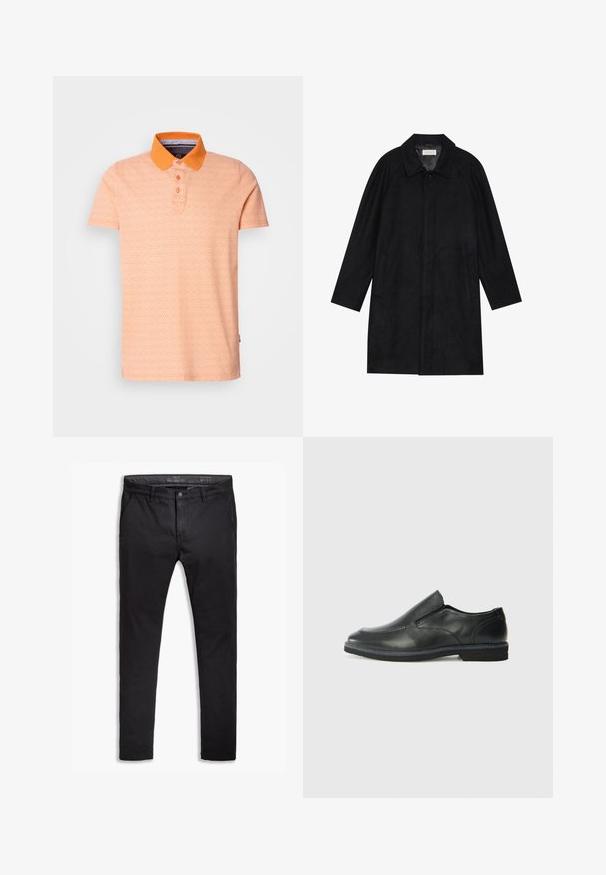 Melnā jaka, izgatavota no mīksta, teksturēta auduma. Ar apkakli, raglāna piedurknēm, sānu kabatām un priekšējo pogu aizdari.; S короткими рукавами polo krekls gaiši oranžā krāsā ar kontrastējošu oranžu apkakli. Tam ir ģeometrisks raksts un trīs pogu aizdare.; Melnas kokvilnas chinos bikses ar sašaurinātu piegriezumu, piecas kabatas, jostas cilpas un gludu audumu. Ar rāvējslēdzēju un pogu aizdari.; Melnas ādas slip-on kurpes ar gludu augšdaļu, izšūtām akcentiem, noapaļotu purngala daļu un zemu gumijas papēdi. Zole ar minimālu rakstu.