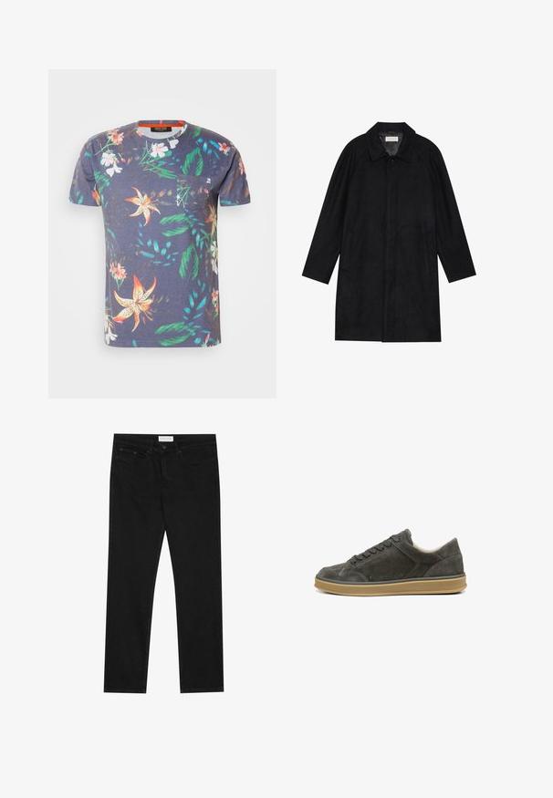 Czarny płaszcz wykonany z miękkiego, teksturowanego materiału. Posiada kołnierz, rękawy raglanowe, boczne kieszenie oraz zapięcie na guziki z przodu.; Koszulka z krótkim rękawem wykonana z bawełny, z granatową bazą oraz kolorowym kwiatowym wzorem, z kieszonką na piersi.; Czarne jeansy straight-leg z pięcioma kieszeniami, zapięcie na guzik i zamek błyskawiczny oraz metka marki Pier One na pasku.; Ciemnoszare zamszowe sneakersy z okrągłym noskiem, sznurowane z przodu, z kontrastującą jasnobrązową gumową podeszwą. Charakteryzują się minimalnymi szwami oraz gładką teksturą.