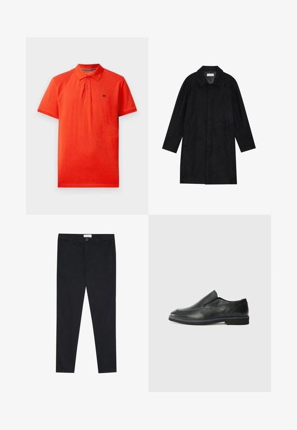 Fekete kabát puha, texturált anyagból készült. Gallérral, raglán ujjal, oldalsó zsebekkel és elülső gombos záródással rendelkezik.; Piros pamut póló, galléros nyakkivágással, három gombbal az elülső részen, rövid ujjal, és egy kis logóval a bal mellen.; Fekete, egyenes szárú nadrág, pamut anyagból készült. Két elülső zsebbel és gombos rögzítéssel rendelkezik a deréknál.; Fekete bőr, slip-on cipő sima felsőrésszel, varrott díszítéssel, lekerekített orral és alacsony gumitalppal. A talpa minimális bordázattal rendelkezik.