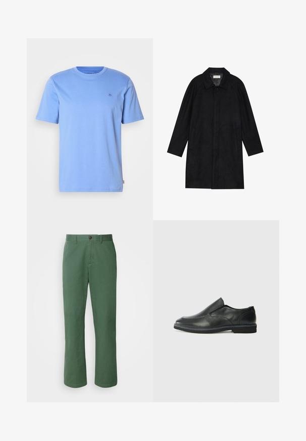 Casaco preto feito de um tecido macio e texturado. Apresenta um colarinho, mangas raglan, bolsos laterais e um fecho frontal com botões.; T-shirt de algodão azul-claro com decote redondo e mangas curtas. Apresenta um pequeno logótipo bordado no peito e um etiqueta lateral.; Calças de algodão verdes com um design de perna reta, apresentando um fecho frontal com botão e uma textura subtil. Sem padrões ou detalhes visíveis.; Sapato slip-on preto em pele com um upper liso, acabamentos cosidos, bico arredondado e um salto de borracha baixo. A sola apresenta um padrão de aderência mínimo.