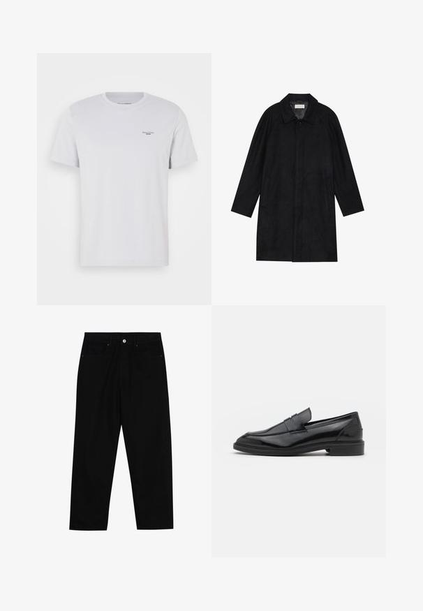 Sort frakke lavet af blød, struktureret stof. Har en krave, raglanærmer, sidelommer og en frontknaplukning.; Hvid bomulds T-shirt med rund hals, korte ærmer og et lille sort logo på venstre bryst. Glat tekstur og standard pasform.; Sorte denimbukser med lige ben, fem lomme-design og knaplukning foran. Glat tekstur med minimale syninger.; Sorte læder loafers med en glat overflade, der har en rund tå og en smal bånd over det øverste. Lav stablet hæl.