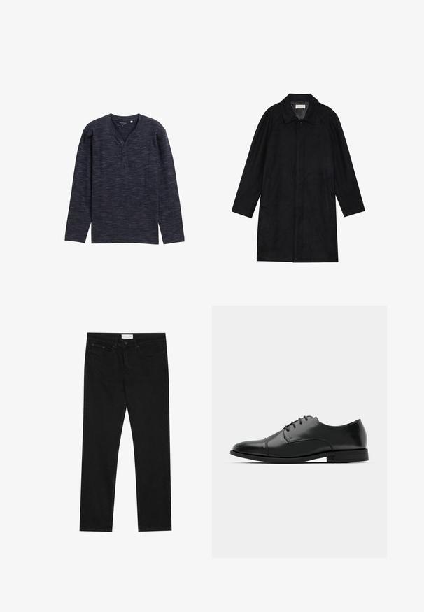 Cappotto nero realizzato in tessuto morbido e texturizzato. Caratterizzato da un colletto, maniche raglan, tasche laterali e chiusura frontale con bottoni.; Maglietta henley a maniche lunghe di colore blu scuro con un motivo testurizzato, dotata di scollatura a V e patta con tre bottoni. Tessuto morbido.; Jeans neri a gamba dritta con design a cinque tasche, chiusura con bottone e zip, e etichetta del marchio Pier One sulla cintura.; Scarpa da uomo in pelle nera con punta rotonda, design con lacci, dettagli di cucitura discreti e tacco basso. Texture liscia con finitura lucida.