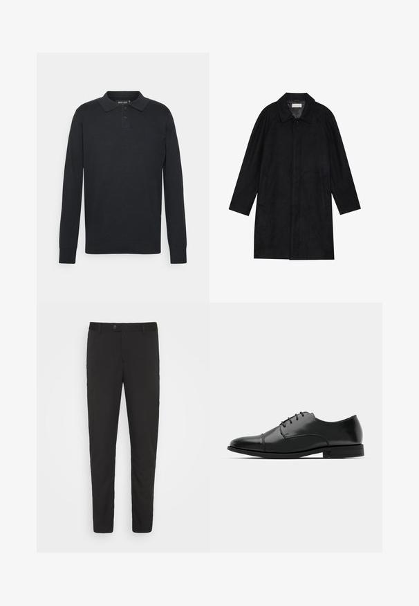 Μαύρο παλτό από μαλακό, υφασμάτινο υλικό με υφή. Διαθέτει γιακά, ράγκλαν μανίκια, πλαϊνές τσέπες και κούμπωμα με κουμπιά μπροστά.; Μαύρο μακρυμάνικο πόλο μπλουζάκι από βαμβάκι, με γιακά, τρεις κουμπίδες και ριμπ μανσέτες. Απλός, κλασικός σχεδιασμός.; Μαύρο, κομμένο παντελόνι με ίσια γραμμή, μπροστινές τσέπες και κλείσιμο με κουμπί. Κατασκευασμένο από μαλακό ύφασμα με ελαφριά γυαλάδα.; Μαύρο δερμάτινο παπούτσι με στρογγυλή μύτη, σχέδιο με κορδόνια, διακριτές ραφές και χαμηλό τακούνι. Λείο υφή με γυαλιστερή φινίρισμα.