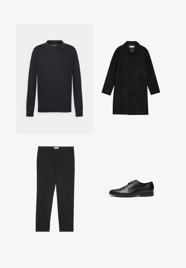 Czarny płaszcz wykonany z miękkiego, teksturowanego materiału. Posiada kołnierz, rękawy raglanowe, boczne kieszenie oraz zapięcie na guziki z przodu.; Czarna koszulka polo z długim rękawem, wykonana z bawełny, z kołnierzykiem, trzema guzikami oraz ściągaczami na rękawach. Prosty, klasyczny design.; Czarnie bawełniane spodnie o dopasowanym kroju, z dwoma bocznymi kieszeniami i zapięciem na guzik z przodu. Teksturowana tkanina z subtelnymi detalami.; Czarne skórzane buty eleganckie z gładką teksturą, okrągłym noskiem i czterema oczkami do sznurowania. Posiadają niski, warstwowy obcas oraz przeszycia.
