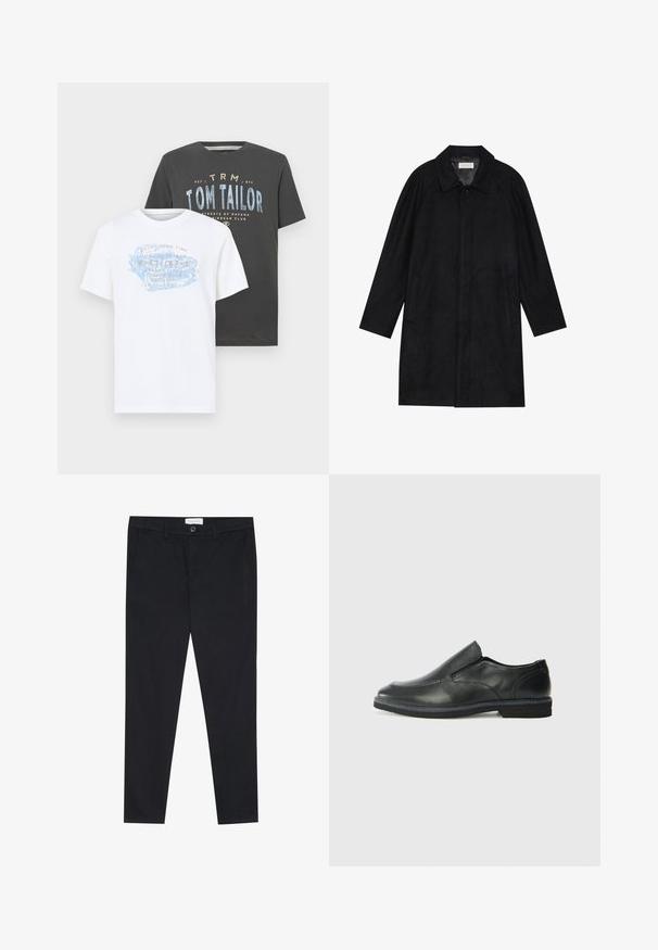 Casaco preto feito de um tecido macio e texturado. Apresenta um colarinho, mangas raglan, bolsos laterais e um fecho frontal com botões.; Duas camisetas de algodão: uma branca com texto gráfico azul e laranja, e uma cinza escura com texto azul e branco, ambas de manga curta.; Calças pretas com um design de perna reta, feitas de tecido de algodão. Apresenta dois bolsos frontais e um fecho com botão na cintura.; Sapato slip-on preto em pele com um upper liso, acabamentos cosidos, bico arredondado e um salto de borracha baixo. A sola apresenta um padrão de aderência mínimo.
