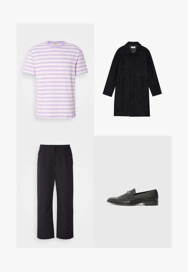 Černý kabát vyrobený z měkké, strukturované tkaniny. Má límec, raglánové rukávy, boční kapsy a přední zapínání na knoflíky.; Pruhované tričko s krátkým rukávem, s bledě fialovými a bílými vodorovnými pruhy. Žebrovaná textura a kulatý výstřih. Logo značky na lemu.; Široké kalhoty z texturované černé látky s elastickým pasem na stažení, s dvěma předními kapsami a rovně střiženým designem.; Černé kožené mokasíny s hladkým povrchem, s prošívaným designem a dekoračním kovovým řetízkem přes nárt. Plochý podpatek.