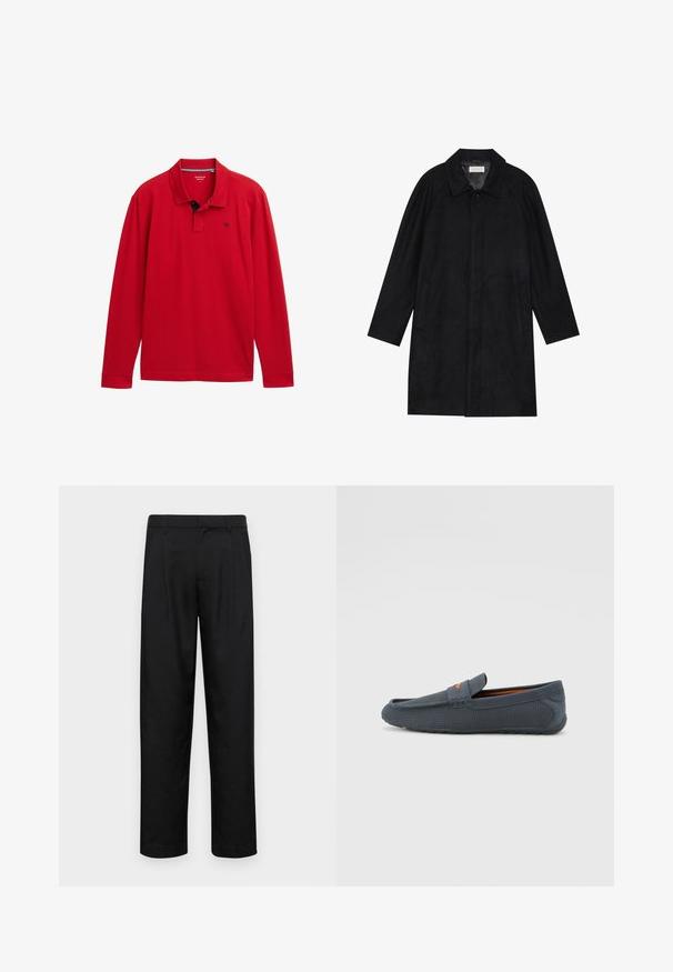 Zwarte jas gemaakt van zachte, gestructureerde stof. Beschikt over een kraag, raglanmouwen, zijzakken en een knoopsluiting aan de voorkant.; Rode langwerpige polo met lange mouwen en een kraag, voorzien van een marineblauwe accent en een klein logo op de borst. Gemaakt van zacht katoen.; Zwarte broeken van gladde stof, met een recht model, twee voorknikken en een standaard tailleband met riemlussen.; Grijze geperforeerde instappers met een slip-on ontwerp, voorzien van een oranje accent, ronde neus en een gestructureerde rubberen zool.