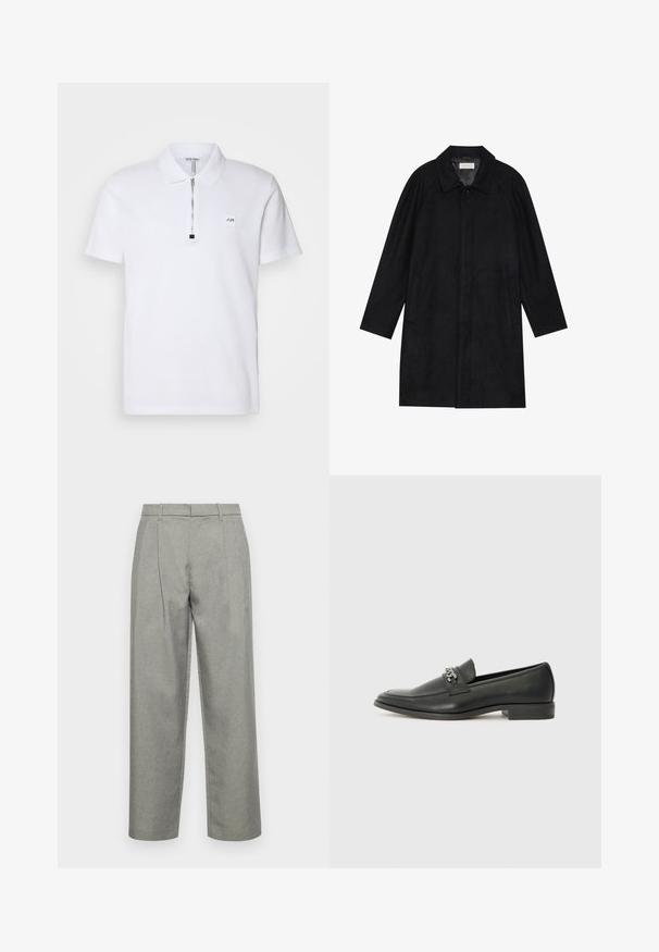 Fekete kabát puha, texturált anyagból készült. Gallérral, raglán ujjal, oldalsó zsebekkel és elülső gombos záródással rendelkezik.; Fehér polo póló, rövid cipzáros gallérral, hímzett logóval a mellkason, puha pamut anyagból, sima textúrával.; Szürke, fazonra készült nadrág texturált anyagból, egyenes szárú kialakítással, elöl redőkkel, és normál derékpánttal, övbujtatókkal.; Fekete bőr loaferek sima felülettel, varrott mintával és díszítő fém lánccal a cipő elején. Lapos sarok.