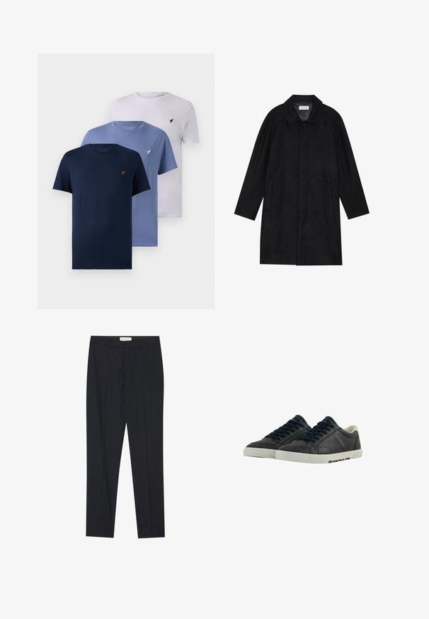 Czarny płaszcz wykonany z miękkiego, teksturowanego materiału. Posiada kołnierz, rękawy raglanowe, boczne kieszenie oraz zapięcie na guziki z przodu.; Trzy t-shirty z okrągłym dekoltem w ciemnym granacie, jasnym niebieskim i białym. Wykonane z bawełny o miękkiej fakturze, z małym logo na klatce piersiowej.; Czarne taliowane spodnie o gładkim przodzie, w standardowym fasonie, wykonane z gładkiej tkaniny, z prasowanymi zakładkami i bocznymi kieszeniami.; Granatowe skórzane sneakersy z białymi gumowymi podeszwami, okrągłym noskiem i czarnymi sznurówkami. Subtelne tekstury i branding po bokach. Casualowy design.