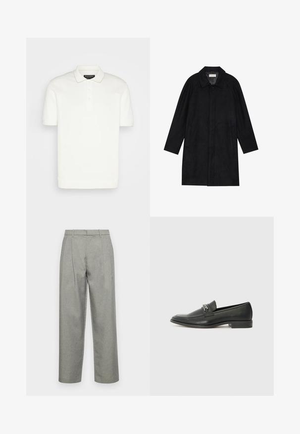 Svart frakk laget av myk, teksturert stoff. Har krage, raglanermer, sidelommer og forsterket knappelukking foran.; Hvit polo skjorte, korte ermer, klassisk krage, tre-knapps lukking, myk tekstur, ribbede mansjetter og kant, minimalistisk design uten mønstre.; Grå skreddersydde bukser laget av teksturert stoff, med rett benkonstruksjon, frontfold og standard midje med beltesløyfer.; Sorte skinnloafers med en glatt finish, og med en sydd design og en dekorativ metallkjedeakcent over foten. Flat hæl.