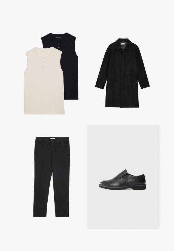 Črn plašč, izdelan iz mehkega, strukturiranega blaga. Ima ovratnik, raglan rokave, stranske žepe in sprednje zapiranje na gumbe.; Dve brezrokavne bombažne majice: ena bež z gumbasto zapenjanjem, druga pa enobarvno črna. Obe imata okroglo izrez in prilegajoč kroj.; Črne bombažne hlače s slim fit krojem, z dvema stranskima žepoma in sprednjim gumbom za zapiranje. Teksturirano blago z nežnimi detajli.; Črne usnjene natikače z gladkim zgornjim delom, prišitimi detajli, zaobljenim nosom in nizkim gumijastim petkom. Podplat ima minimalen profil.