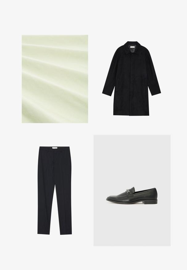 Černý kabát vyrobený z měkké, strukturované tkaniny. Má límec, raglánové rukávy, boční kapsy a přední zapínání na knoflíky.; Světle zelená látka s hladkým povrchem, vykazuje mělké záhyby. Materiál vypadá lehce a mírně odráží světlo pod jemným osvětlením.; Černé saka s plochým předním dílem, klasického střihu, vyrobené z hladké látky, s přitlačenými sklady a bočními kapsami.; Černé kožené mokasíny s hladkým povrchem, s prošívaným designem a dekoračním kovovým řetízkem přes nárt. Plochý podpatek.