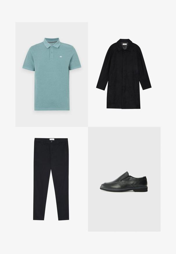 Črn plašč, izdelan iz mehkega, strukturiranega blaga. Ima ovratnik, raglan rokave, stranske žepe in sprednje zapiranje na gumbe.; Polo majica v svetlo teal barvi, kratki rokavi, polo ovratnik z dvema gumboma, ima majhen logotip na levem prsnem delu, gladka bombažna tkanina.; Črne hlače s ravnim krojem, izdelane iz bombažne tkanine. Imajo dva sprednja žepa in gumb za zapiranje v pasu.; Črne usnjene natikače z gladkim zgornjim delom, prišitimi detajli, zaobljenim nosom in nizkim gumijastim petkom. Podplat ima minimalen profil.