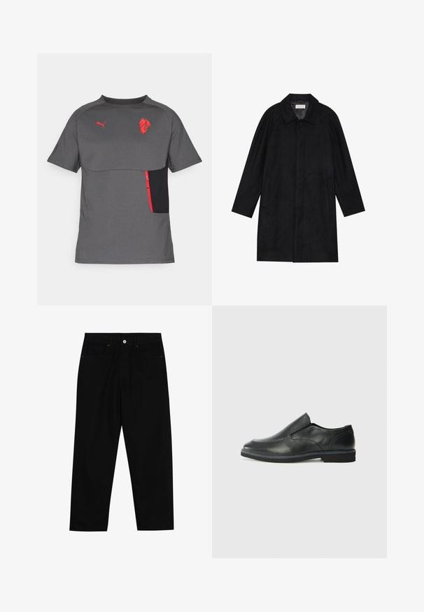 Cappotto nero realizzato in tessuto morbido e texturizzato. Caratterizzato da un colletto, maniche raglan, tasche laterali e chiusura frontale con bottoni.; T-shirt grigio a maniche corte con pannello nero e taschino con zip rossa. Presenta accenti rossi del logo, scollo arrotondato e texture liscia.; Pantaloni in denim nero con taglio dritto, design a cinque tasche e chiusura frontale con bottone. Tessuto liscio con dettagli di cucitura minimi.; Scarpa nera in pelle con inserto scivolare, superiore liscio, dettagli cuciti, punta arrotondata e tacco in gomma basso. La suola presenta un battistrada minimale.
