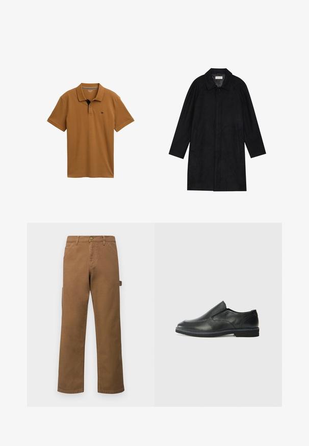 Fekete kabát puha, texturált anyagból készült. Gallérral, raglán ujjal, oldalsó zsebekkel és elülső gombos záródással rendelkezik.; Barna pólóing sima pamutból, klasszikus gallérral, háromgombos légzéssel és kontrasztos tengerészkék részletekkel a gallérnál.; Barna pamut cargo nadrág egyenes lábakkal, oldalsó zsebekkel és fém gombos zárással a deréknál. Sima textúra és laza dizájn.; Fekete bőr, slip-on cipő sima felsőrésszel, varrott díszítéssel, lekerekített orral és alacsony gumitalppal. A talpa minimális bordázattal rendelkezik.