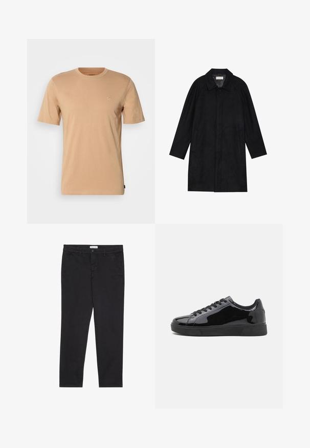 Zwarte jas gemaakt van zachte, gestructureerde stof. Beschikt over een kraag, raglanmouwen, zijzakken en een knoopsluiting aan de voorkant.; Lichtbruine katoenen t-shirt met korte mouwen, een ronde hals en een klein logo op de linkerborst. Zachte textuur en standaard pasvorm.; Zwarte katoenen broeken met een slim fit, voorzien van twee zijzakken en een sluiting met een voorknop. Geweven stof met subtiele.details.; Zwarte gepoetste lederen sneakers met een ronde neus, platte rubberen zool en zwarte veters. Glad, glanzend oppervlak op de bovenzijde.