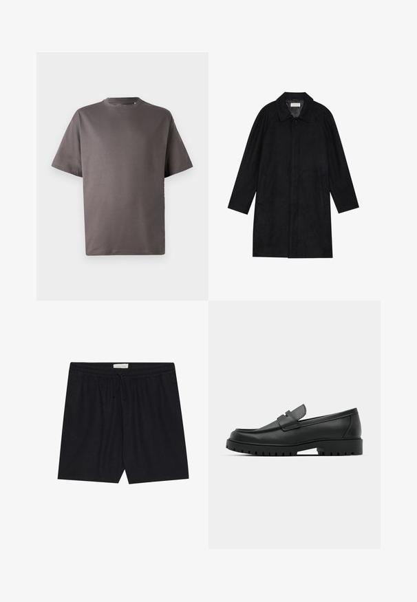 Melnā jaka, izgatavota no mīksta, teksturēta auduma. Ar apkakli, raglāna piedurknēm, sānu kabatām un priekšējo pogu aizdari.; Tumši pelēks īsām piedurknēm T-krekls ar apaļu kakla izgriezumu, izgatavots no mīkstas auduma, ar brīvu piegriezumu un bez redzamām rakstu vai akcentu elementiem.; Melni, elastīgi šorti ar auklu viduklī, ar gludu tekstūru un taisnu griezumu, piemēroti ikdienas valkāšanai.; Melnas ādas loafers ar noapaļotu purngalu, ar izšūtu dizainu, zemu platformas zoli un teksturētu, rievotu gumijas ārējo zoli.