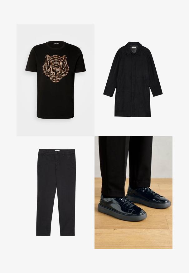 Musta takki, joka on valmistettu pehmeästä, teksturoidusta kankaasta. Sieltä löytyy kaulus, raglanhihat, sivutaskut ja etupainike.; Musta puuvillapaita, jossa on yksityiskohtainen oranssi tiikeripään graafinen kuva hienoilla viivakuviolla. Klassinen pyöreä kaula-aukko ja lyhyet hihat.; Mustat puuvillahousut, joissa on kapea malli, kahdella sivutaskulla ja edessä nappisuljenta. Rakenteellinen kangas hienovaraisilla yksityiskohdilla.; Mustat lakatut nahkakengät, joissa on teksturoitu kumipohja, pyöreä kärki ja samanväriset mustat nauhat, yhdistettynä mustiin housuihin puulattialla.