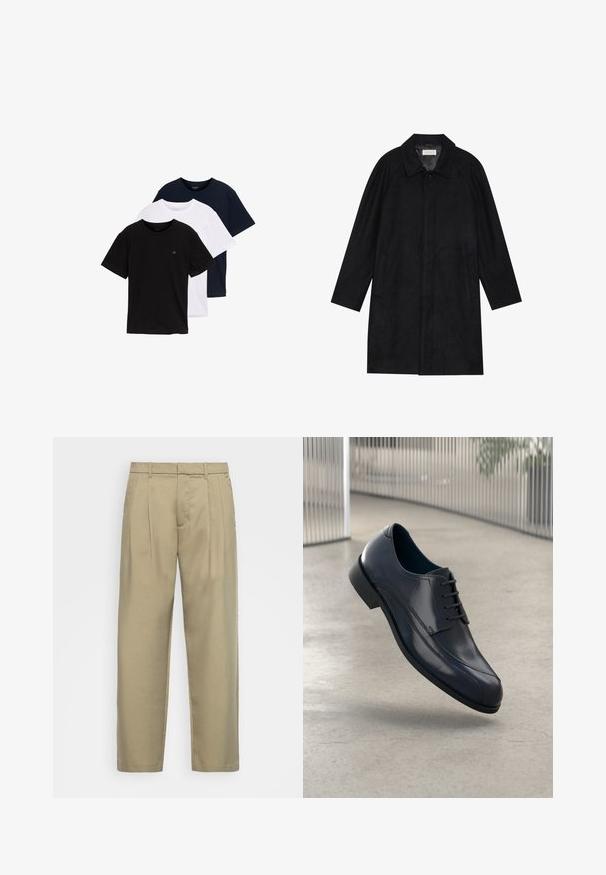 Juodas paltas, pagamintas iš minkštos, tekstūruotos medžiagos. Su apykakle, raglan rankovėmis, šoninėmis kišenėmis ir priekinėmis mygtukų uždarymo detalėmis.; Trys trumpų rankovių T-shirts komplektas juodos, baltos ir tamsiai mėlynos spalvos. Pagaminti iš medvilnės, su apvalia iškirpte ir mažu logotipu krūtinėje.; Šviesiai rudos, aukšto liemens kelnes su tiesia kirpimu, su plokščiu priekiniu paviršiumi, šoninėmis kišenėmis ir lygiu, tekstūruotu audiniu.; Blizgūs juodi odiniai suknelės batai su raišteliais, skirti pakibti virš lygaus, šviesiai pilko grindų paviršiaus ir vertikalių metalinių strypų fone.