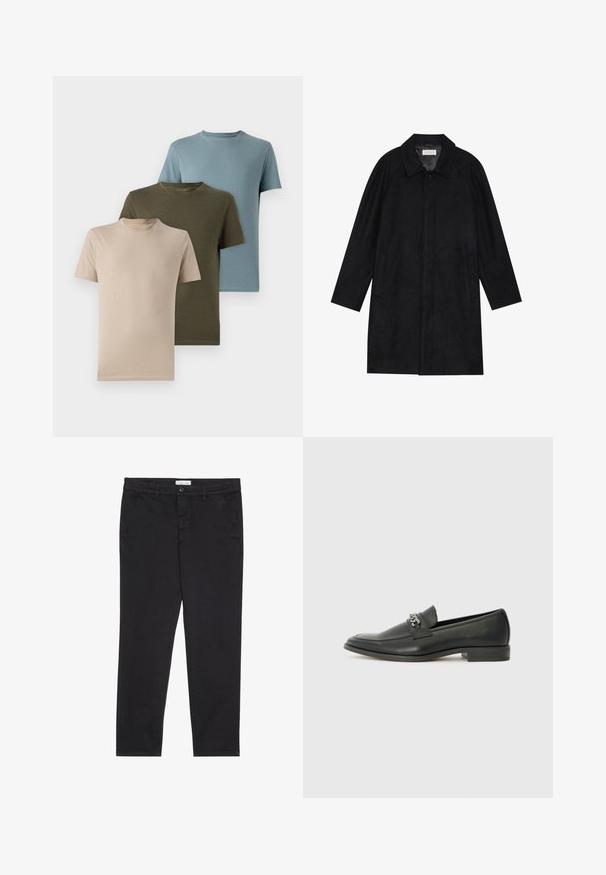Fekete kabát puha, texturált anyagból készült. Gallérral, raglán ujjal, oldalsó zsebekkel és elülső gombos záródással rendelkezik.; Három rövid ujjú póló bézs, olíva zöld és világoskék színben, puha anyagból, kerek nyakkivágással és sima dizájnnal.; Fekete pamut nadrág, slim fit fazonban, két oldalsó zsebbel és elülső gombos zárással. Textúrált anyag finom részletekkel.; Fekete bőr loaferek sima felülettel, varrott mintával és díszítő fém lánccal a cipő elején. Lapos sarok.