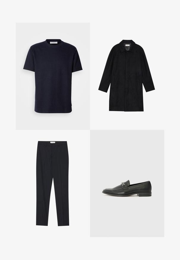 Čierny kabát vyrobený z jemnej, textúrovanej látky. Má golier, raglánové rukávy, bočné vrecká a zapínanie na prednej strane na gombíky.; Tričko s krátkym rukávom a okrúhlym výstrihom v tmavom námorníckom odtieni, vyrobené z textúrovanej látky, s rovný strihom a bočnými rozparky pre ľahký pohyb.; Čierne vychádzkové nohavice s plochým predným dielom, klasického strihu, vyrobené z hladkej tkaniny, s prešitou záhybmi a bočnými vreckami.; Čierne kožené loafers s hladkým povrchom, s prešitým dizajnom a dekoratívnym kovovým reťazovým akcentom cez priehlavok. Plochý podpätok.