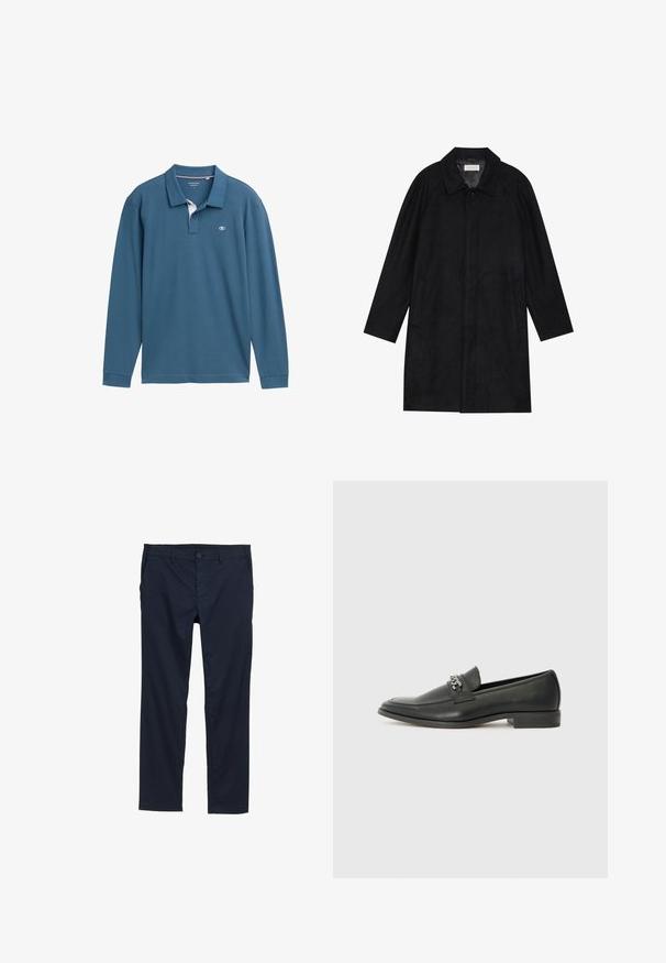 Črn plašč, izdelan iz mehkega, strukturiranega blaga. Ima ovratnik, raglan rokave, stranske žepe in sprednje zapiranje na gumbe.; Majica s dolgimi rokavi v polo stilu iz teal bombaža, z belim podohtjem, tremi gumbi in majhnim logotipom na prsih.; Mornarsko modri lahki hlače z gladko teksturo, ravnim krojem, gumbom za zapiranje in stranskimi žepi.; Črni usnjeni loafer z gladko površino, ki ima šivano zasnovo in dekorativni kovinski verižni naglas preko vampirja. Ravno peto.