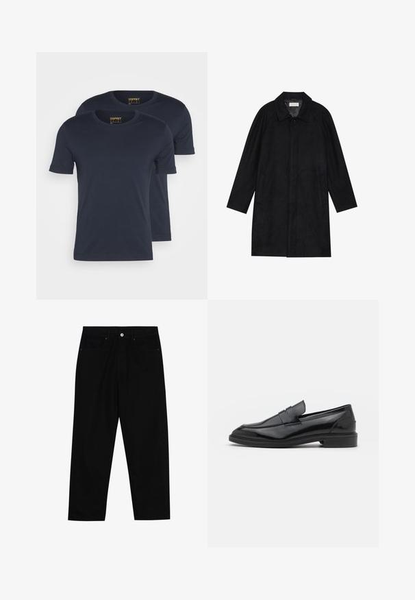 Fekete kabát puha, texturált anyagból készült. Gallérral, raglán ujjal, oldalsó zsebekkel és elülső gombos záródással rendelkezik.; Esprit 2 PACK - Basic póló - navy; Fekete farmernadrág, egyenes szabással, öt zsebből álló dizájnnal és elülső gombos záródással. Simább felület minimális varrási részletekkel.; Fekete bőrcipók sima felülettel, kerek orral és keskeny sávval a felsőrészen. Alacsony, rétegelt sarkú.