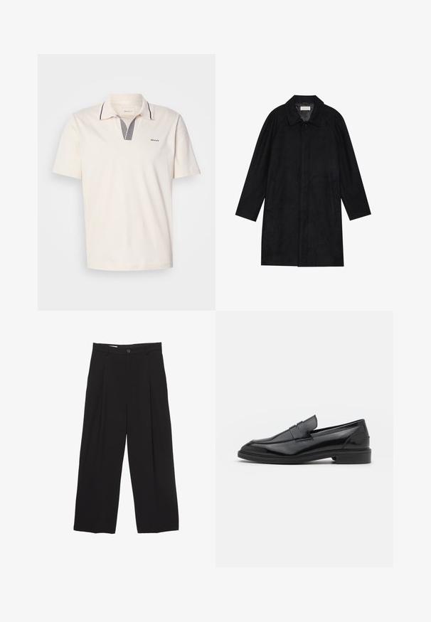 Černý kabát vyrobený z měkké, strukturované tkaniny. Má límec, raglánové rukávy, boční kapsy a přední zapínání na knoflíky.; Krémové polo tričko s výstřihem do V, které má námořnické a bílé pruhované akcenty, krátké rukávy a malé logo na levé části hrudi.; Černé kalhoty širokého střihu vyrobené z hladké látky, s plochým pasem, předními záhyby a jedním knoflíkem na zapínání.; Černé kožené mokasíny s hladkým povrchem, s kulatou špičkou a úzkým páskem přes svršek. Nízký vrstvený podpatek.