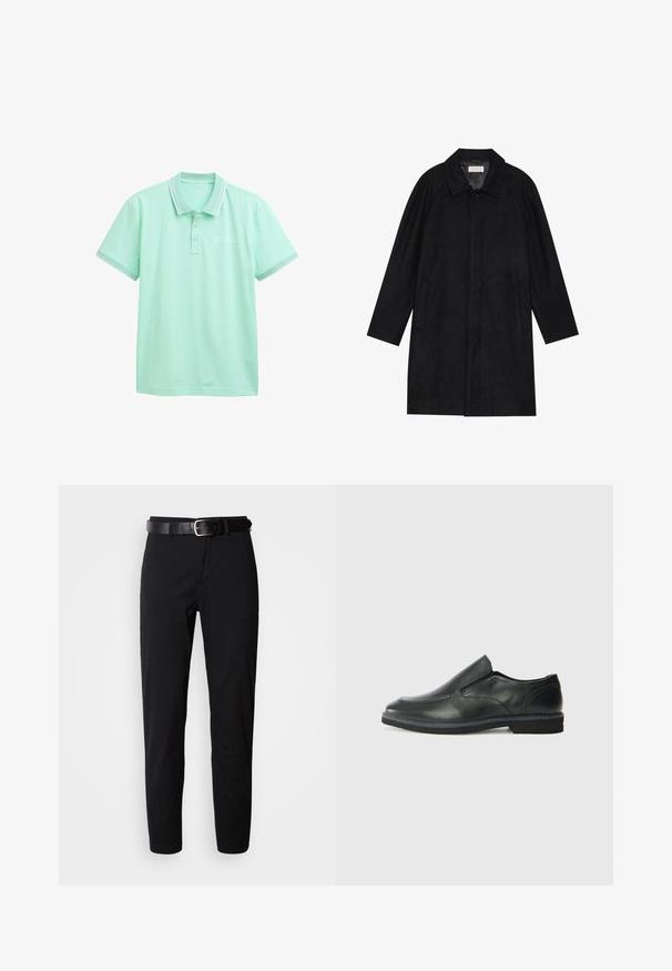 Svart kappa i mjuk, texturerad tyg. Har krage, raglanärmar, sidofickor och knäppning fram med knappar.; Mintgrön polo skjorta med en treknappad knäppning, kontrasterande vit krage och manschetter. Har en subtil textur och märke broderat på bröstet.; Svarta byxor med rak passform, med en slät textur och ett svart läderbälte med en silverfärgad spänne. Enkel design, inga mönster eller accenter.; Svart lädersko i slip-on-modell med en slät ovandel, sömnadsdetaljer, rund tå och låg gummihäl. Sulan har minimal mönstring.