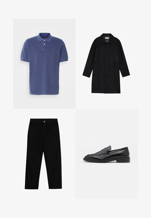 Cappotto nero realizzato in tessuto morbido e texturizzato. Caratterizzato da un colletto, maniche raglan, tasche laterali e chiusura frontale con bottoni.; Polo shirt blu navy in cotone, con una chiusura a tre bottoni, maniche corte e un piccolo logo sul petto. Design semplice.; Pantaloni in denim nero con taglio dritto, design a cinque tasche e chiusura frontale con bottone. Tessuto liscio con dettagli di cucitura minimi.; Mocassini in pelle nera con finitura liscia, caratterizzati da una punta tonda e una fascia stretta sulla parte superiore. Tacco basso impilato.