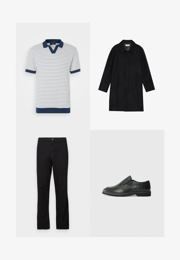 Must mustritud pehme kangast must mantel. Omab kraed, raglanvarrukaid, külgkotte ja ees nuppe.; Ribaga puuvillane polo särk, millel on vertikaalsed tumesinised ja valged triibud, tumesinine krae ja mansetid ning V-kaelus. Pehme tekstuur.; Mustadest puuvillast pükstest, millel on sirge jala disain, nupuga kinnitamine, ees ja taga taskud ning sile tekstuur.; Must musta laia suuga king, millel on sile ülemine osa, õmmeldud detailid, ümmargune nina ja madal kummist konts. Tallal on minimaalne mustr.